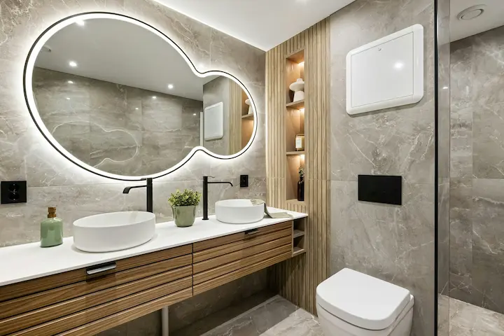 Round LED mirror with marble sink and golden faucet