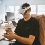 Man experiencing virtual reality using Meta Quest 3 headset