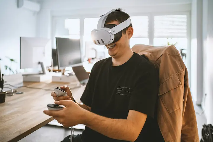 Man experiencing virtual reality using Meta Quest 3 headset