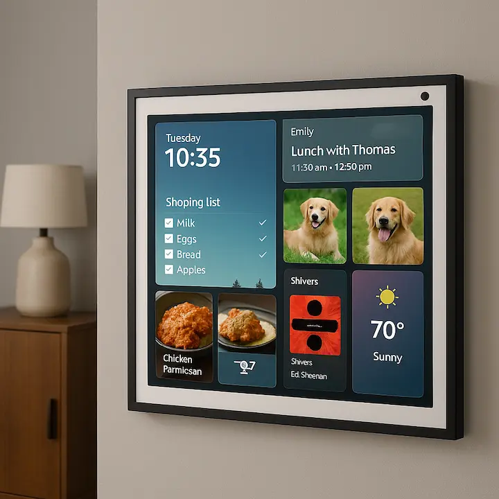 Echo Show 15 mounted on a white wall in a modern living room