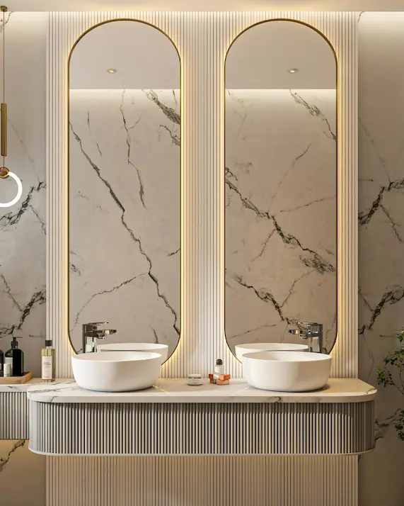 Two smart oval mirrors above dual washbasins in a modern bathroom