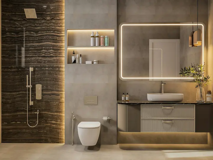 Vertical smart LED mirror wall in luxury marble bathroom