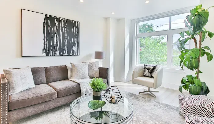 Cozy living room with sectional sofa, indoor plant, and natural light from corner windows.