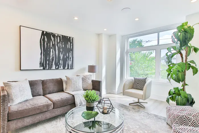 Cozy living room with sectional sofa, indoor plant, and natural light from corner windows.