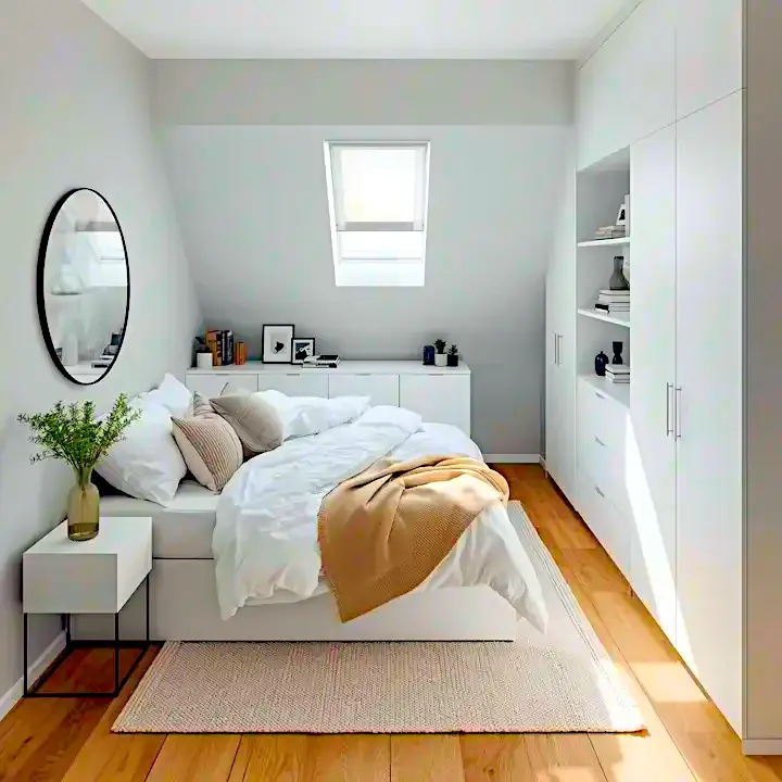 Small UK bedroom 8x10 with white storage bed, built-in wardrobe, oval mirror, and Scandinavian minimalist design