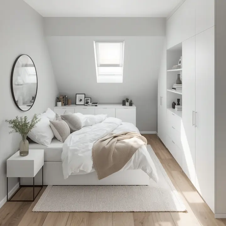 Compact white bedroom featuring a double bed, wall mirrors, and minimalist UK-style furniture design.