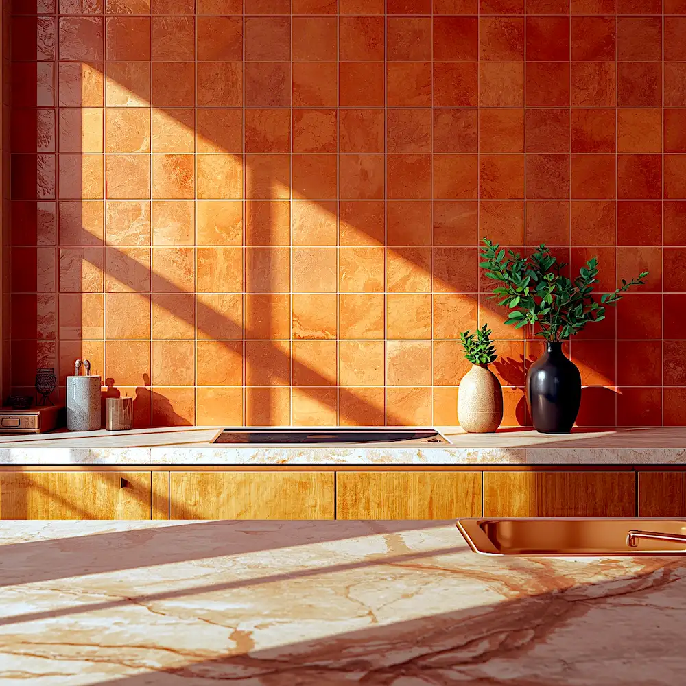 Warm terracotta orange kitchen tiles with natural sunlight