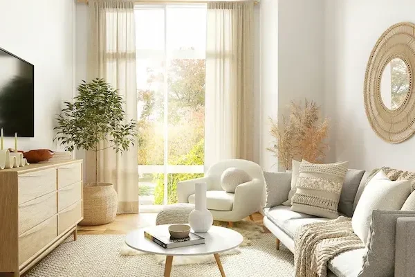 Bright living room with ivory sectional sofa, round wood coffee table, and neutral wall art.