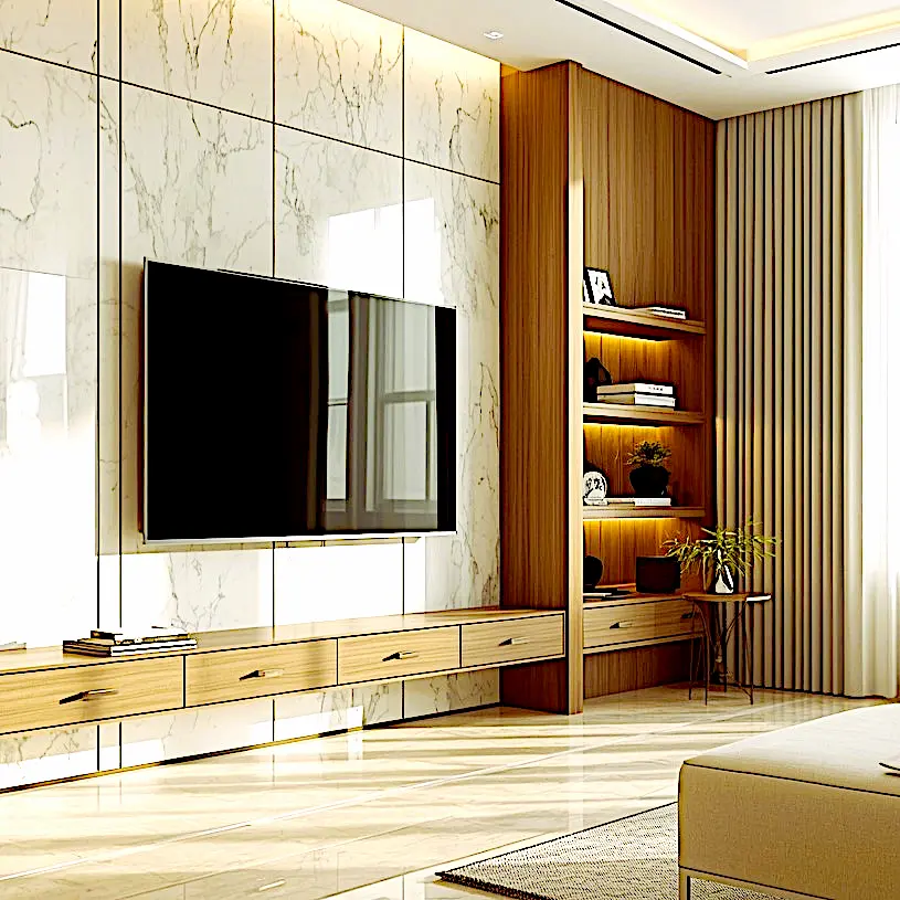 Luxury floor-to-ceiling dark wood wall unit with black marble accent panel and amber LED lighting