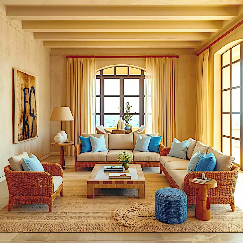 Mediterranean coastal minimalist living room with natural wicker furniture, turquoise blue accent pillows, and exposed wooden ceiling beams