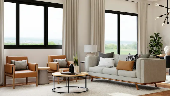 Minimalist living room with cream sofa, wooden coffee table, and abstract wall art.