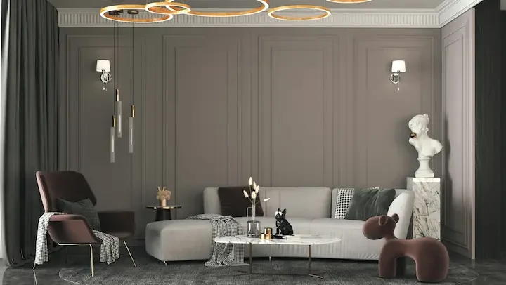 Dark-toned luxury living room with panelled walls, velvet furniture, and golden lighting.