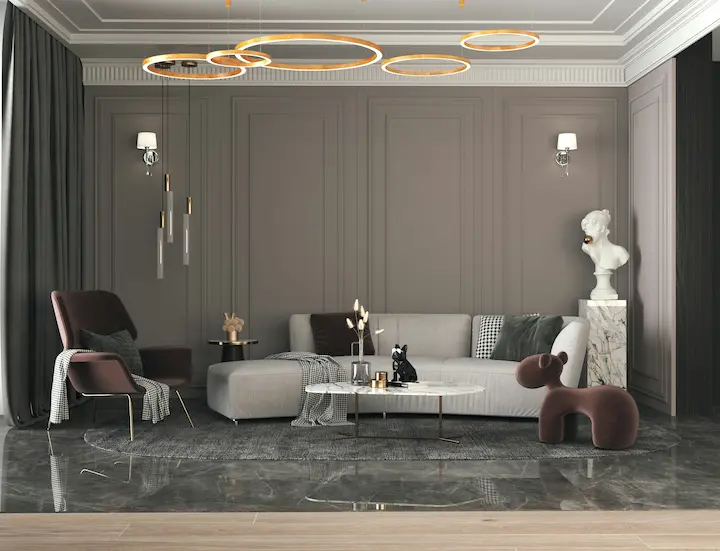 Dark-toned luxury living room with panelled walls, velvet furniture, and golden lighting.