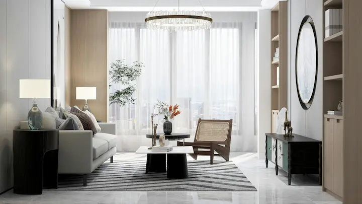 Chic modern living room with wood panel accents, armchairs, and soft ambient lighting.
