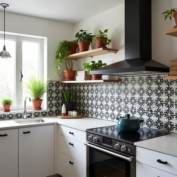 Black and white patterned cement tiles in a vintage kitchen backsplash