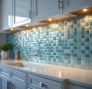 Blue glass mosaic kitchen tiles with under-cabinet lighting