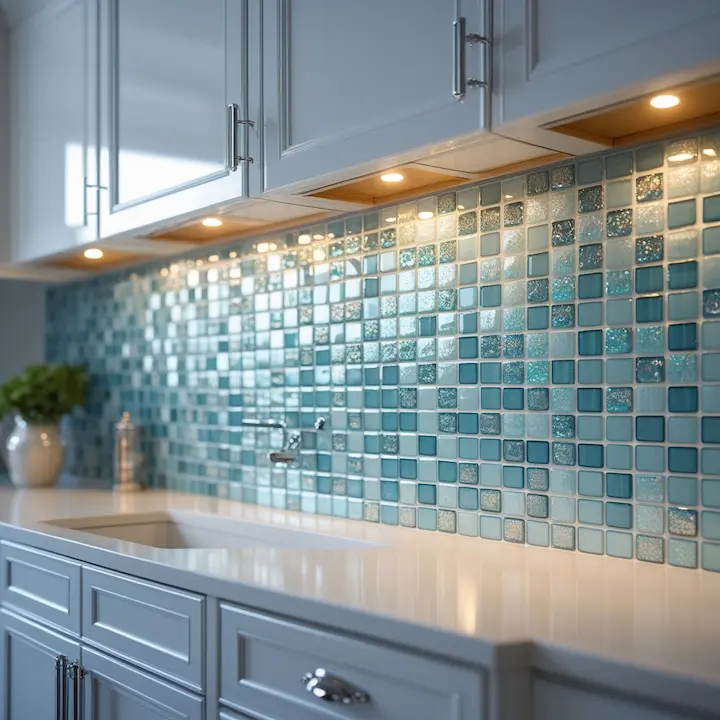 Blue glass mosaic kitchen tiles with under-cabinet lighting