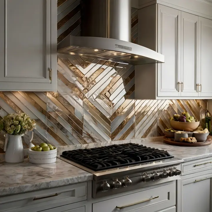 Chevron-patterned marble mosaic kitchen tiles behind stove