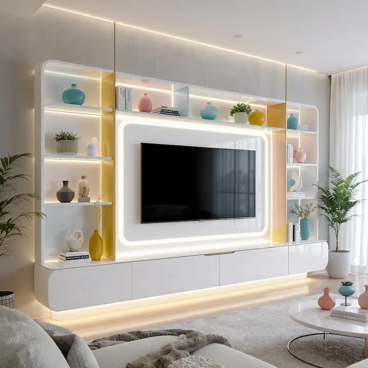 White wall unit with colorful shelf accents and central TV with LED frame