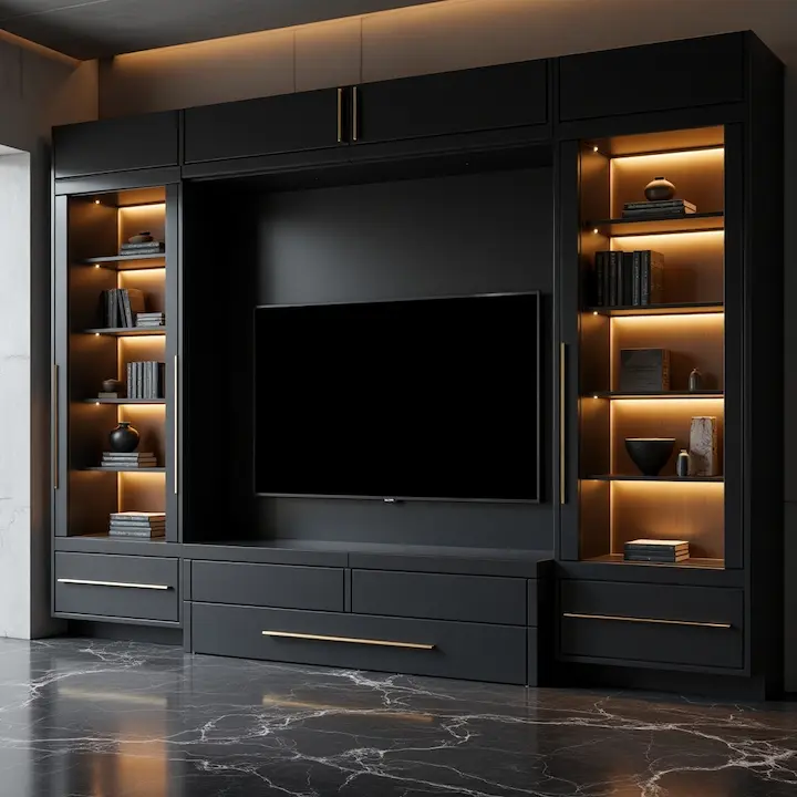 Dark wood luxury wall unit with LED shelf lighting in modern living room