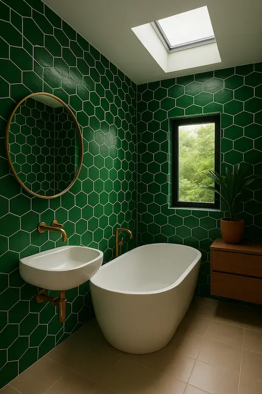 Green hexagonal bathroom tiles in a modern interior with freestanding tub and brass fixtures