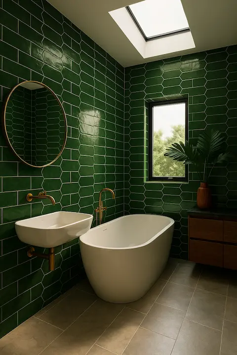 Bathroom with emerald green hex tiles, freestanding tub, gold accents, and indoor plant