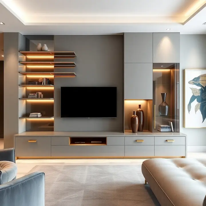 Wall unit with gray cabinetry, walnut shelving, and integrated lighting