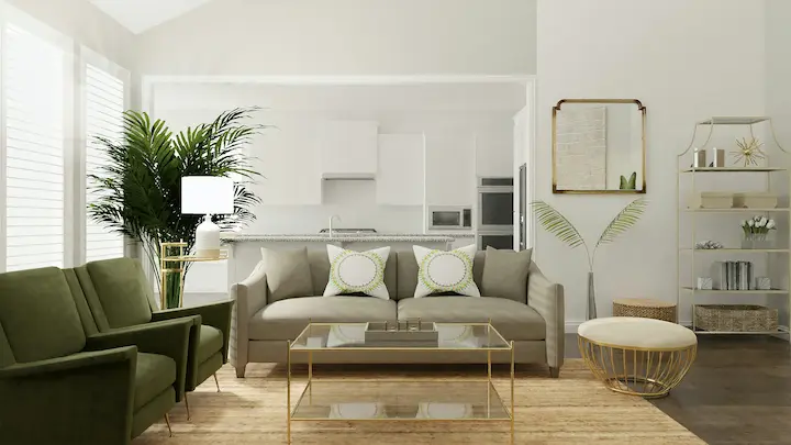 Contemporary living room with a gray sofa and two vibrant green accent chairs under natural light.