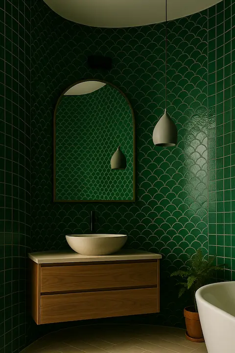 Bathroom with green fan tiles, floating wood vanity, stone sink, and pendant lights