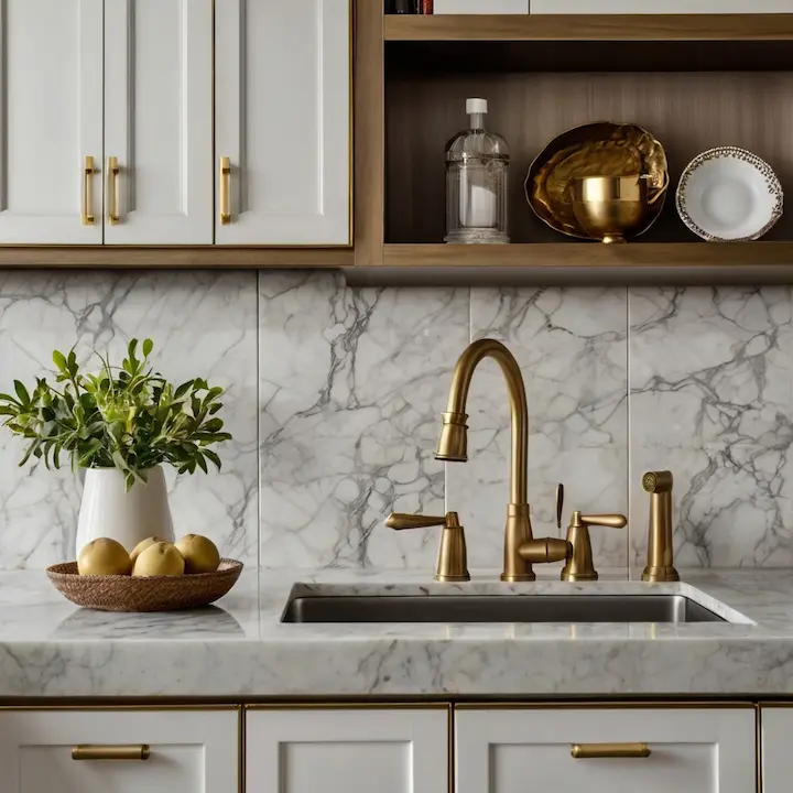 White and grey marble kitchen wall tiles with brass faucet