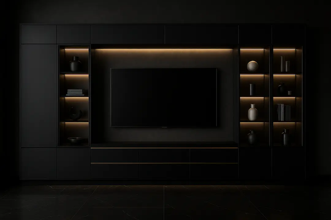 Minimal black wall unit with recessed LED lighting and a 75-inch TV