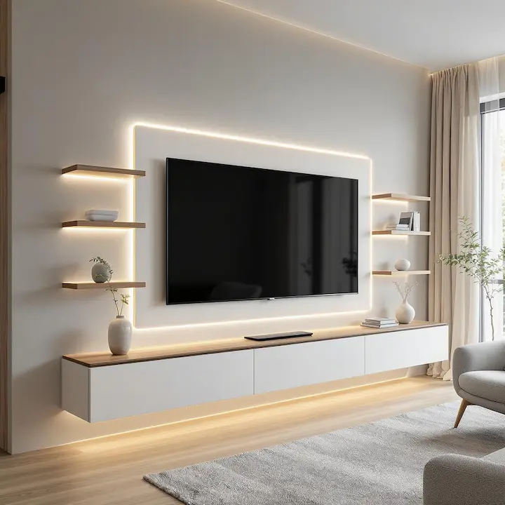 Small white wall unit with TV halo lighting and floating design