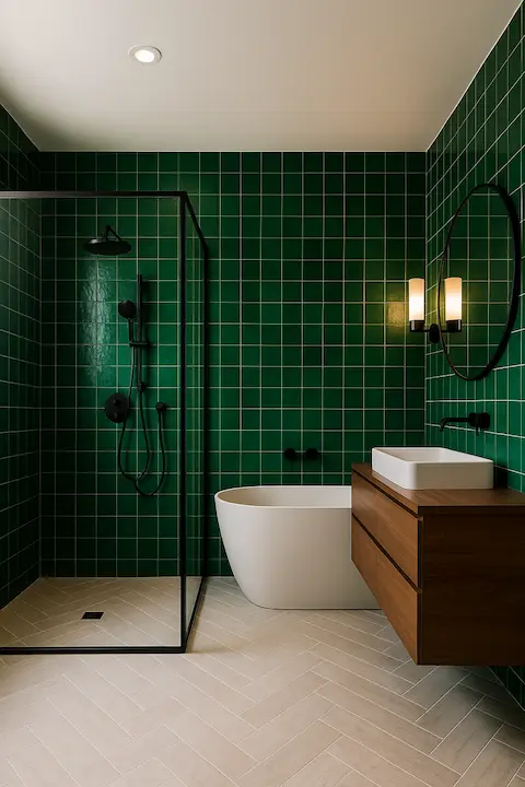 Bathroom with emerald green square tiles, freestanding tub, wood vanity, black fixtures