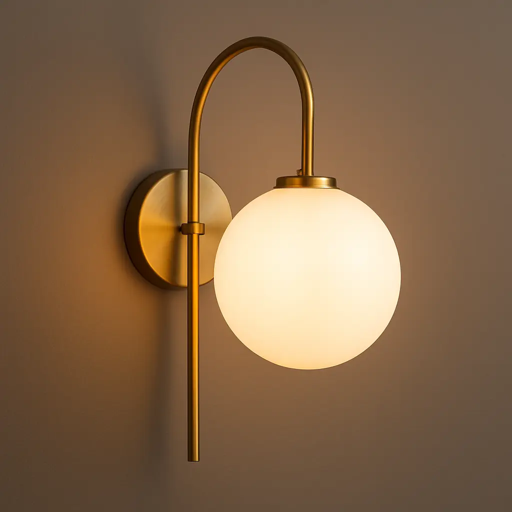 Brass wall sconce with frosted glass globe mounted on a neutral wall