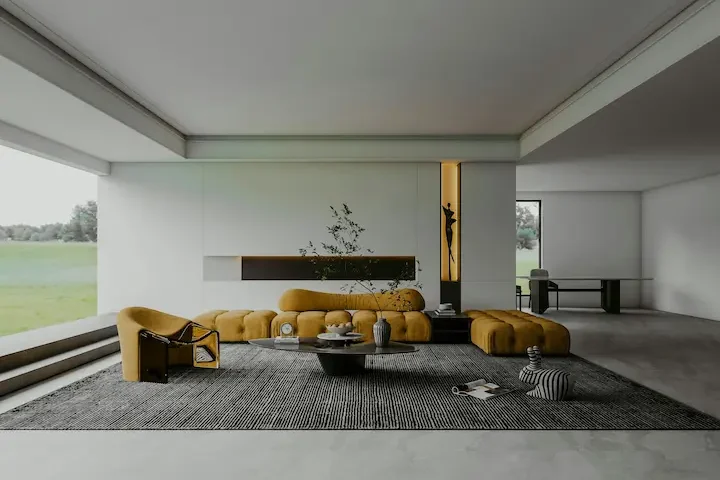 Bright modern living room with a large window, light furnishings, and minimalist decor.