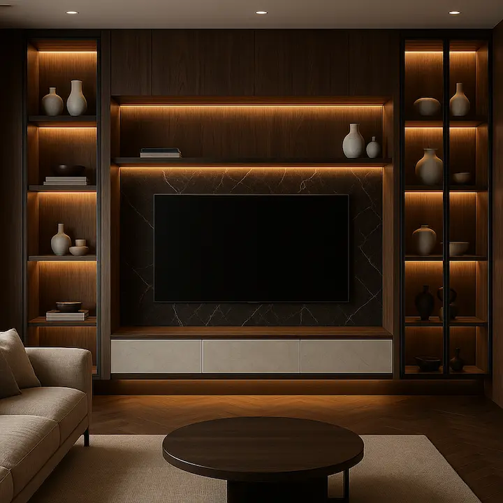 Dark wood wall unit with bronze details and LED shelving around TV