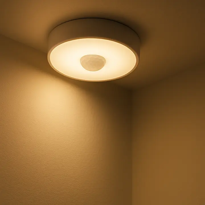 Ceiling-mounted motion sensor LED light in warm tone.