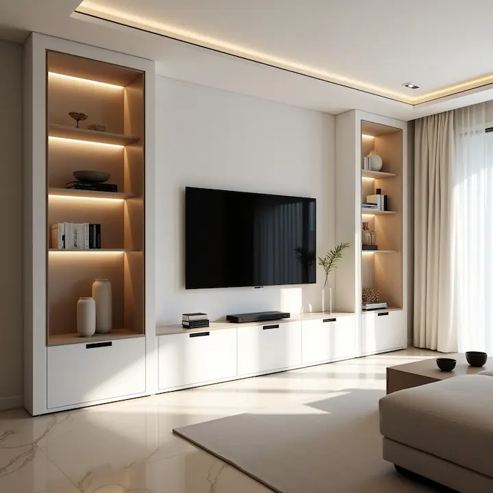 Floating white wall-mounted unit with recessed LED lights and minimal decor