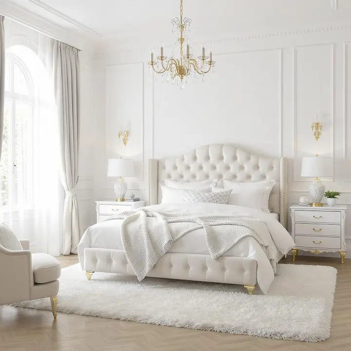 Standard-size white bedroom with queen bed, tufted headboard, and natural light in a UK-style interior.