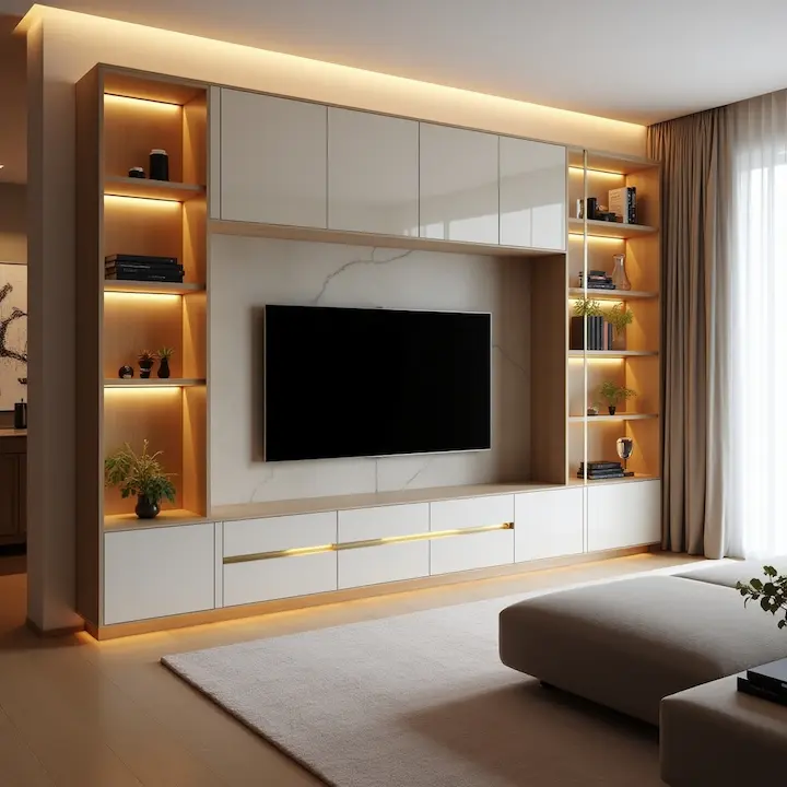 White wall unit with gold LED lighting and balanced vertical shelves