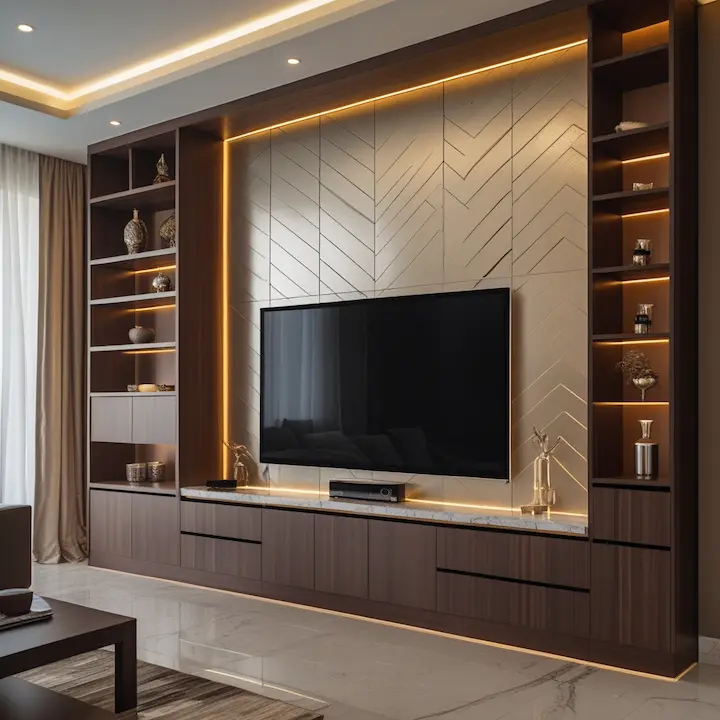 Wall unit with chevron-textured panel, floating drawers, and ambient light