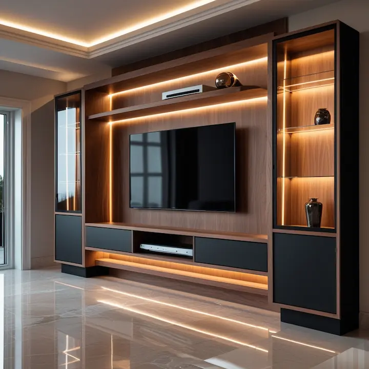 Contemporary wall unit in black and walnut wood with glowing backlight