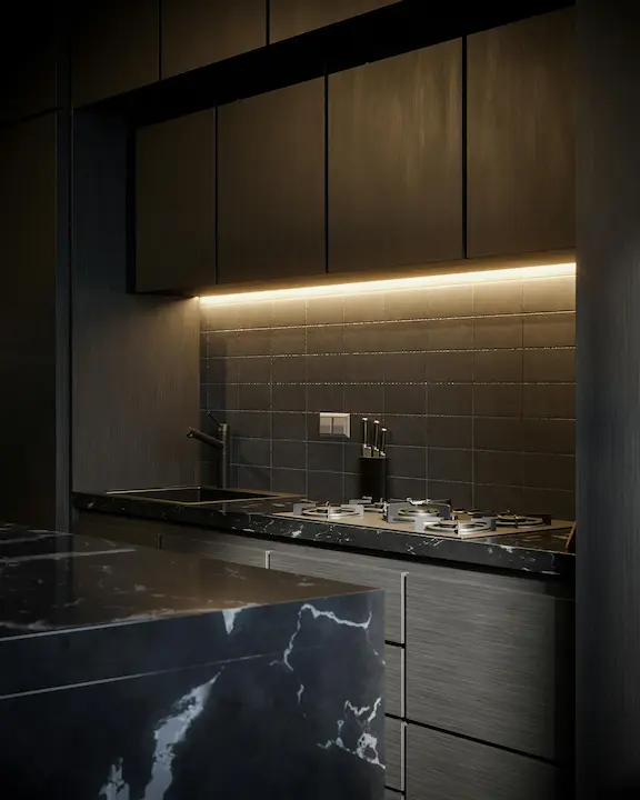 LED strip lights installed under kitchen cabinets.