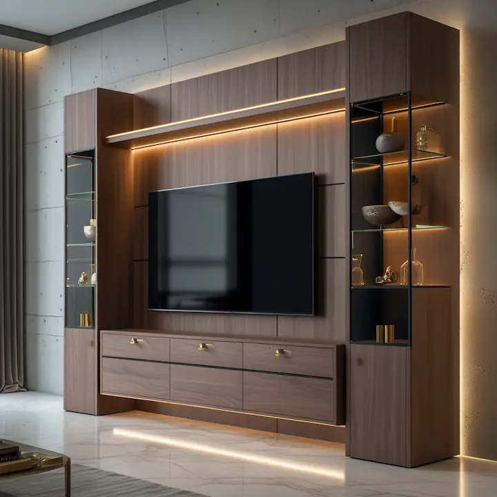 Modern vertical tower wall unit with side cabinets, floating drawers, and TV