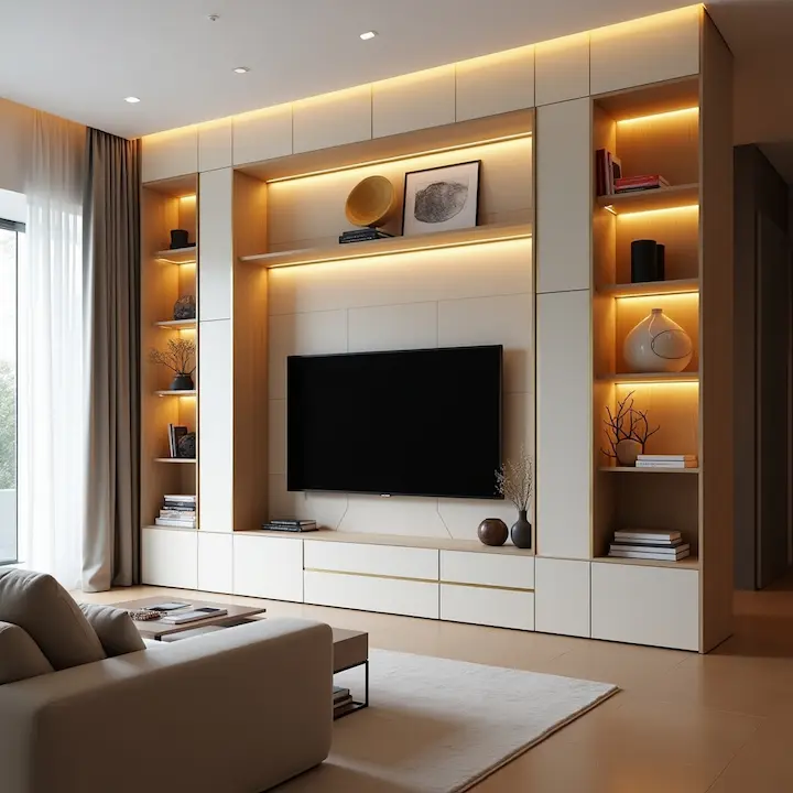 Warm white wall unit with wood tones and built-in shelving around TV