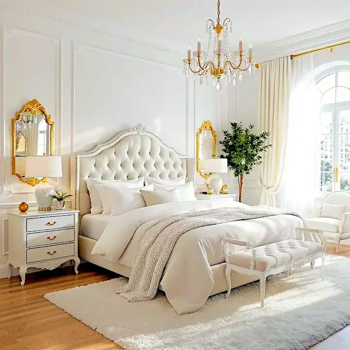 White master bedroom with tufted king-size bed, gold chandelier, and French-style nightstands in a luxury UK home