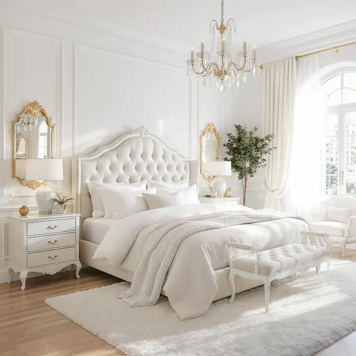 White master bedroom featuring a king-size bed, tufted headboard, chandeliers, and luxury UK-style furniture.