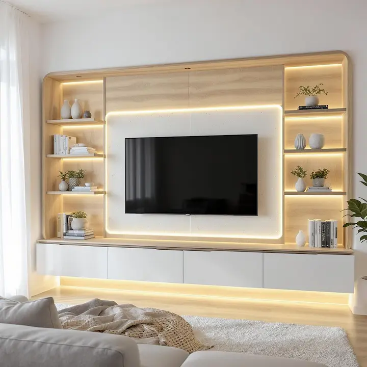 White floating wall unit with halo lighting around TV and side shelving