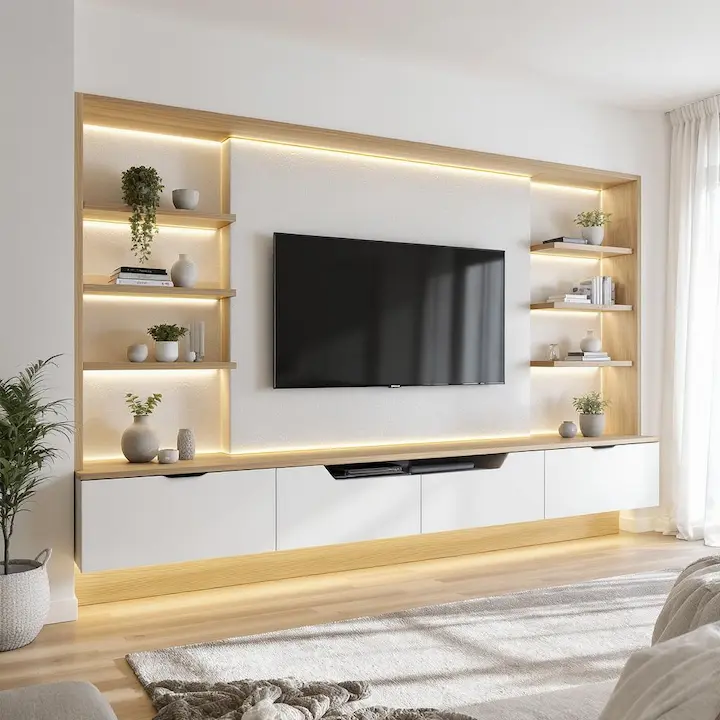 Wall unit with white base and natural wood-framed shelves