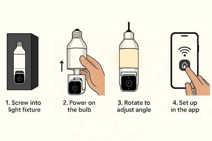 "Step-by-step Wyze Bulb Cam installation guide showing bulb socket setup, app pairing, and rotation for camera angle"